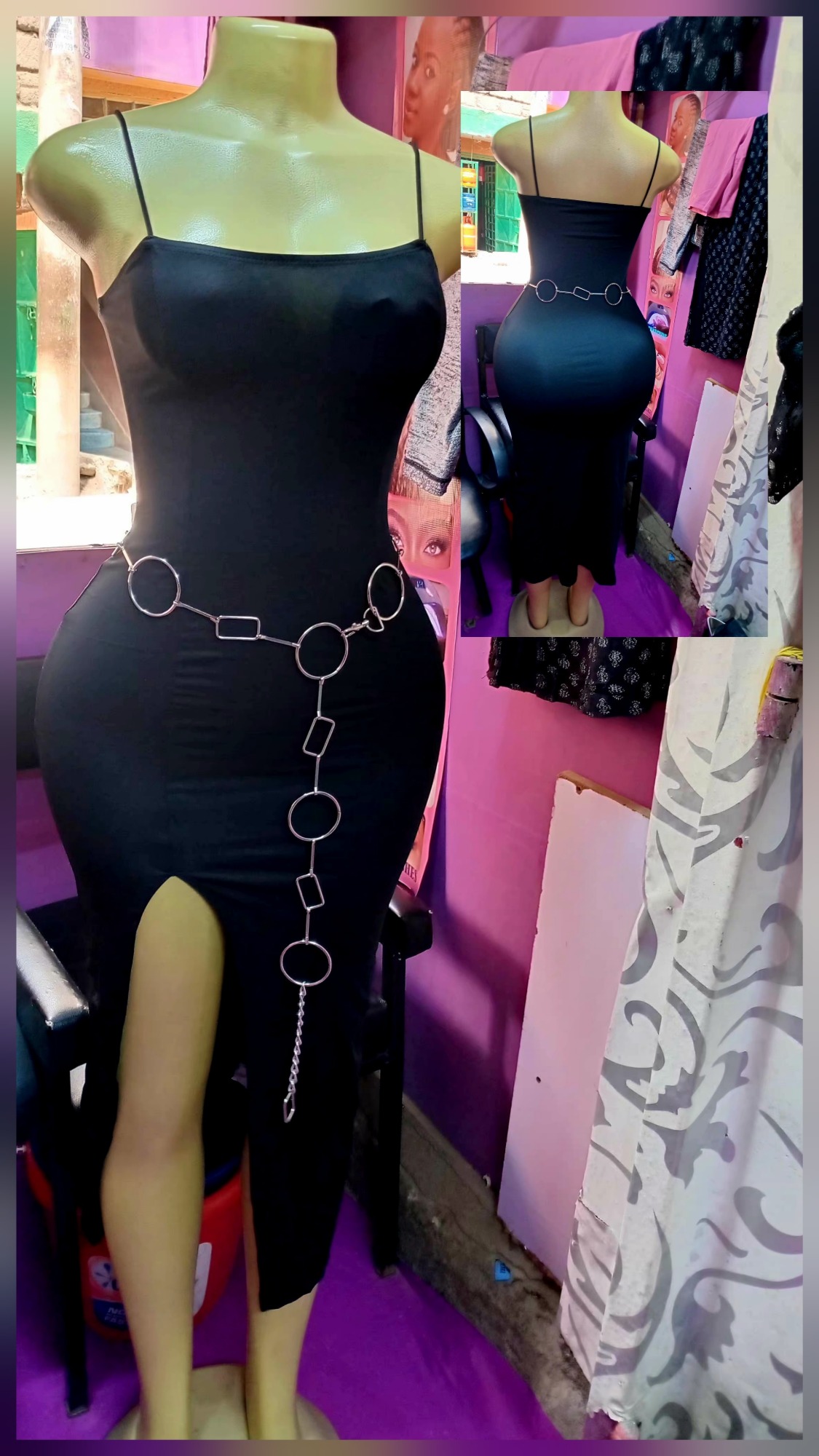 Spaghetti-Strap Midi Bodycon Dress with Side Slit & Layered Belt