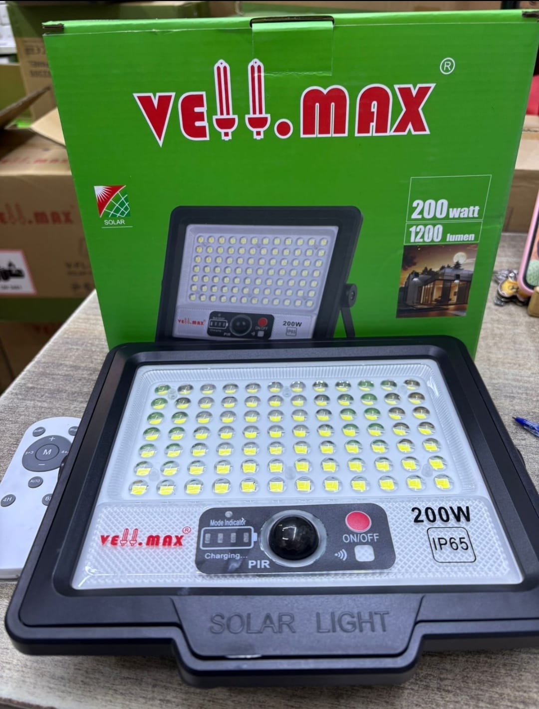 Velmax 200W Solar Floodlight with PIR Motion Sensor, Remote Control & IP65 Outdoor Security Light