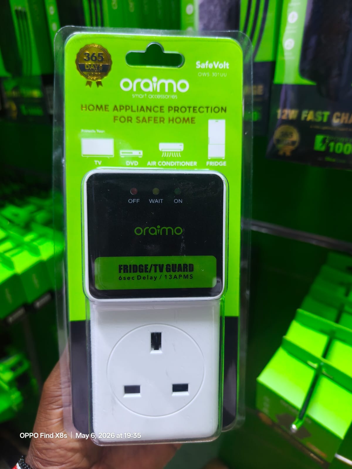 Oraimo Fridge & TV Guard 13A Voltage Protector with 6-Second Delay