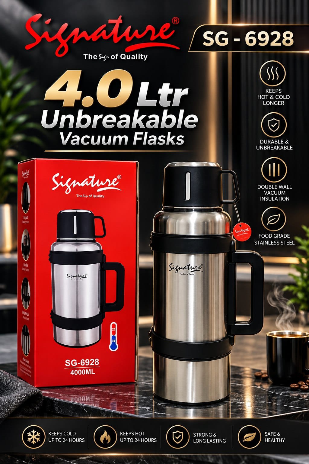 Signature SG-6928 4L Stainless Steel Vacuum Flask – Unbreakable Hot & Cold Thermos - photo 2