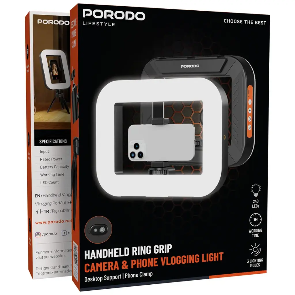 Porodo Handheld Ring Light with Phone Holder – 240 LED Camera & Phone Vlogging Light