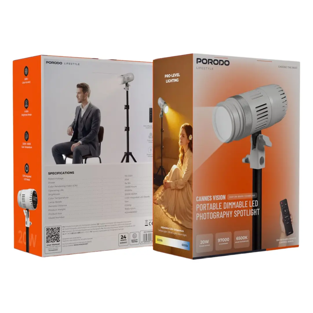 Porodo Cannes Vision Portable LED Photography Spotlight – 20W Dimmable 6500K Video Light