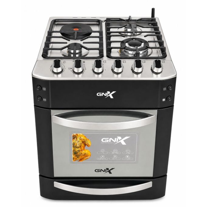 GNIX Black 60x60cm Premium Gas Cooker – 3 Gas Burners + Rapid Hotplate, Triple Ring Wok Burner, Turbo Fan Oven & Rotisse