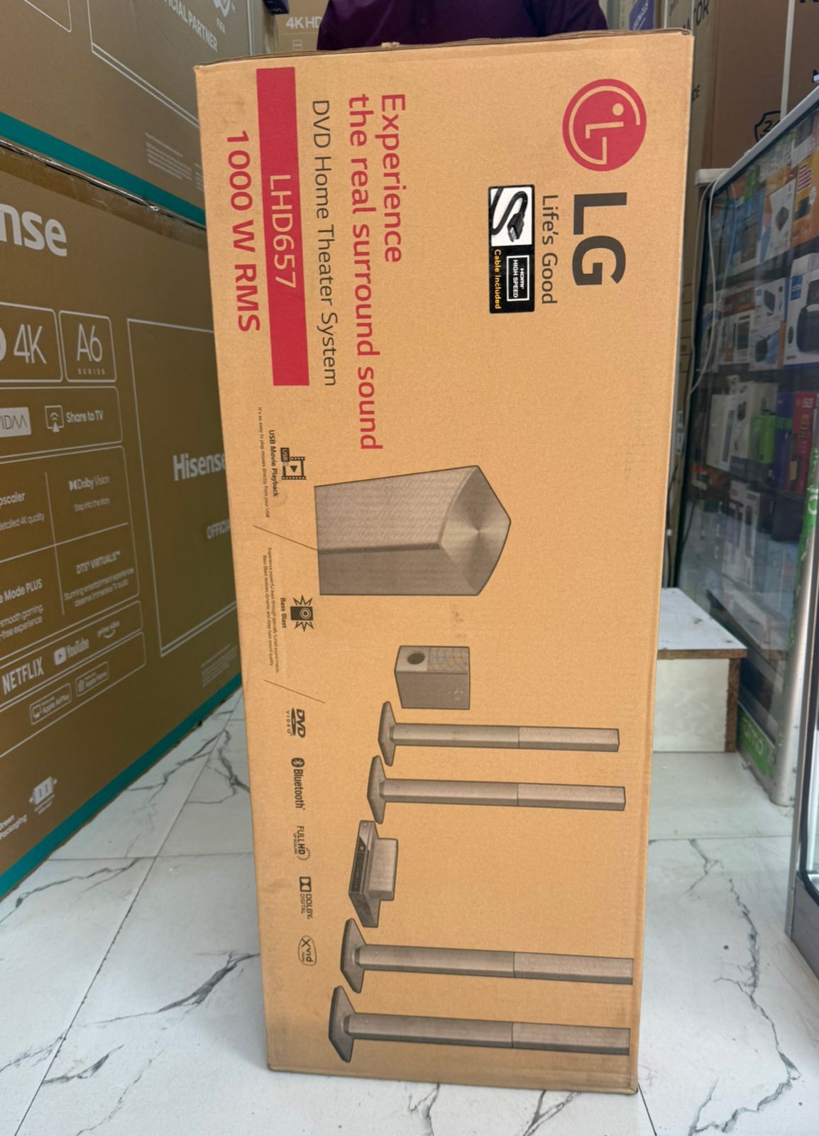 LG LHD657 1000W Home Theatre System with DVD Player, Bluetooth and 4 Tall Speakers