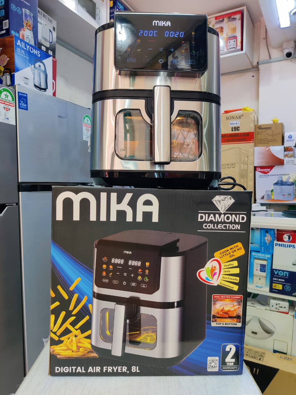 Mika 8L Digital Air Fryer – Diamond Collection, Stainless Steel Finish, Viewing Window